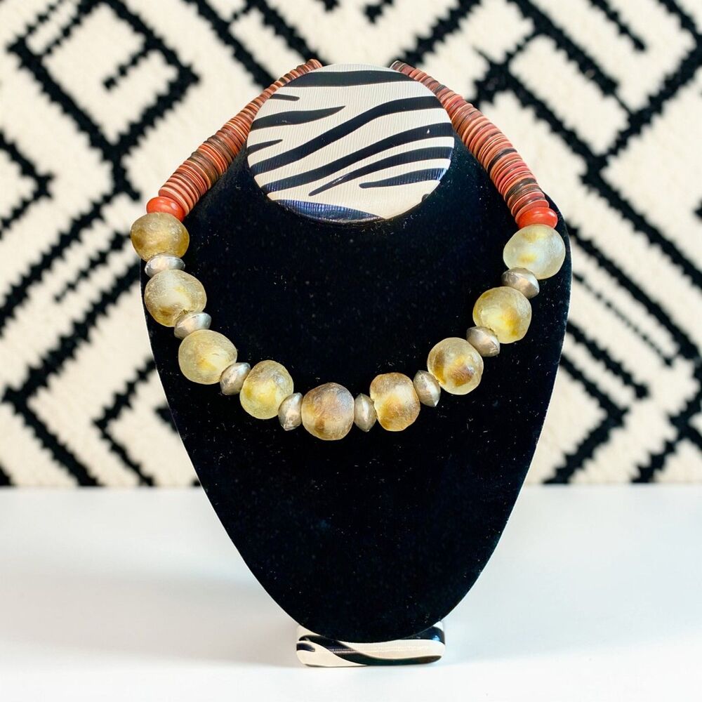 Handmade Kenyan Statement Necklace Large Frosted Glass Beads Multicolor Rondelle